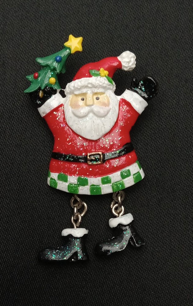 Vintage Santa Claus With Dangling Legs Holding Christmas Tree Pin Brooch Glitter