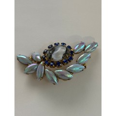 Vintage Brooch Blue Opalescent Stones Givre Glass Center Gold Tone