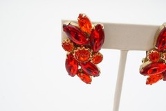 Vintage Clip On Earrings Gold Tone Red Orange Rhinestone