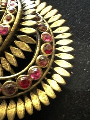 Vintage 1990s Pink and Purple Rhinestone Swirl Pin w/Brass Toned Finish