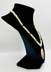 Faux Pearls & Pink Rhinestones Necklace With Carved Mother of Pearl Cameo VTG