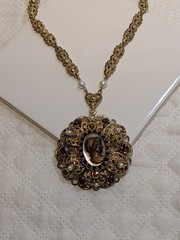 Vintage Victorian Revival Cameo Necklace Amber Rhinestones Filigree box clasp