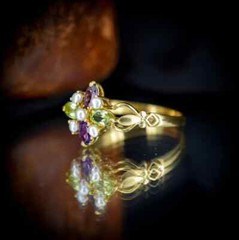 Suffragette Cluster Ring Natural Peridot Amethyst Pearl 14k Yellow Gold Finish