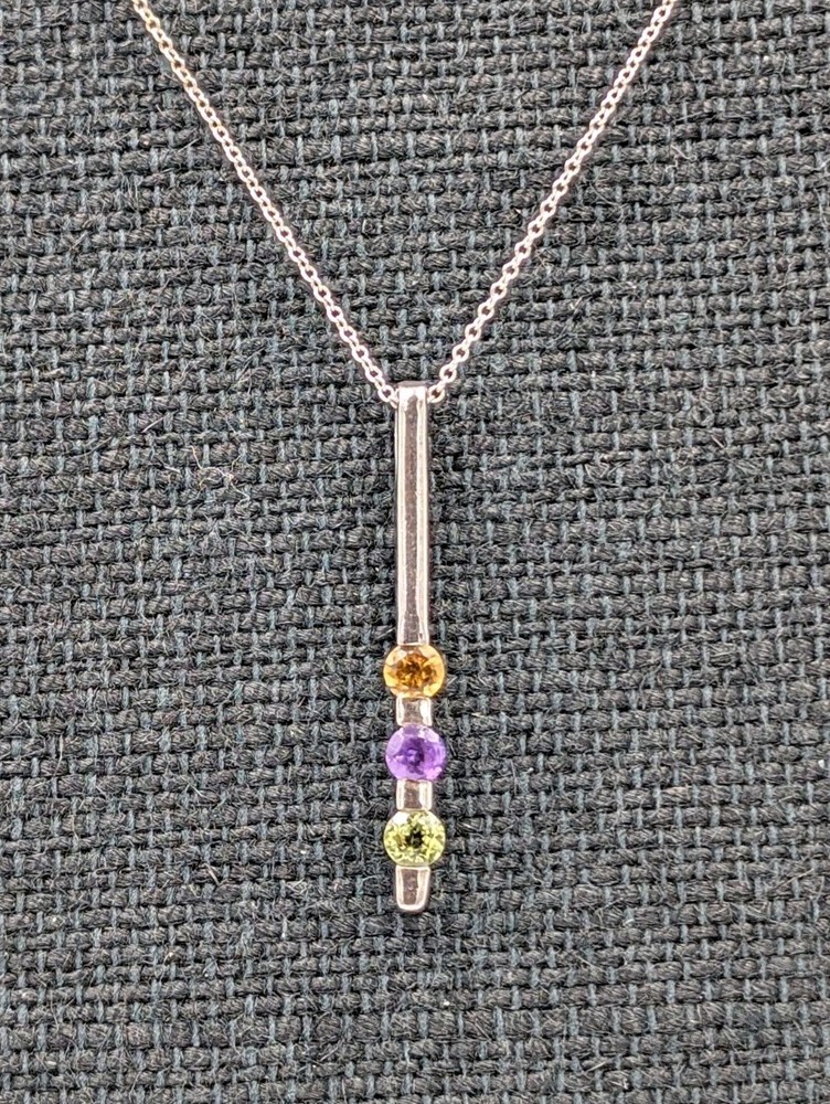 Vtg Sadye L Vassil 925 Sterling Silver 3 Gemstone Bar Pendant 16-18″ Necklace
