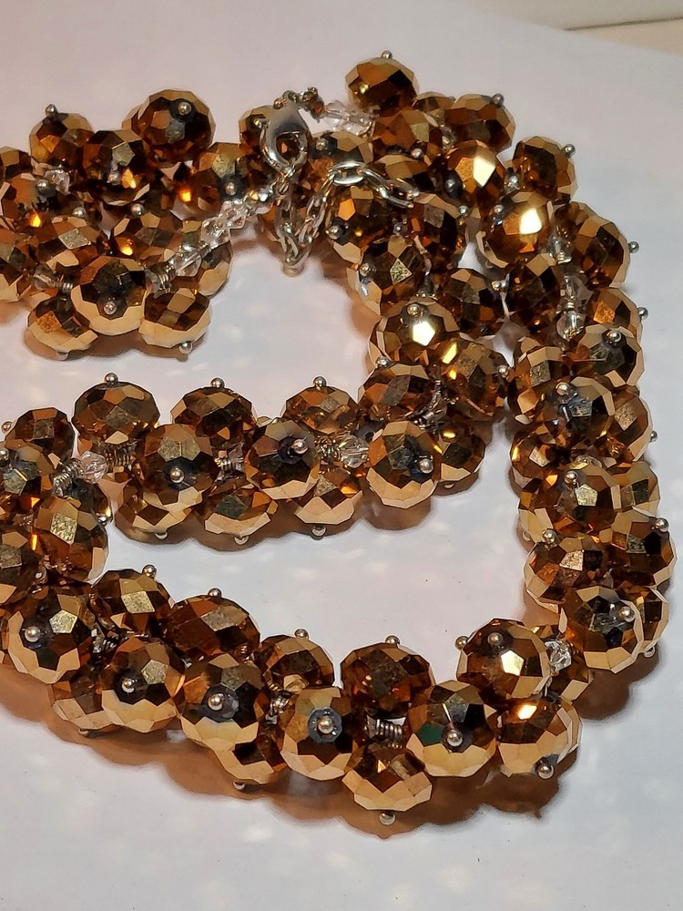 Metallic Bronze Gold Faceted Glass Cluster Bead Necklace On Wire Statement 16″