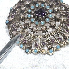 Vintage Brooch Turquoise Purple Rhinestone Faux Pearl Gold Tone Round 2″ Repair