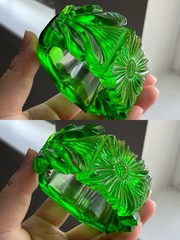 Vintage Chunky Daisy Carved Green Apple Juice Prystal Bakelite Clamper Bracelet