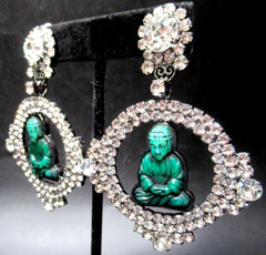 MOANS COUTURE Sparkling Ice Rhinestone Green Faux Jade Buddha Hoop Clip Earrings