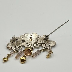 Vintage Garden Floral Heart Dangle Brooch Pink Bead Charm Statement Pin Signed