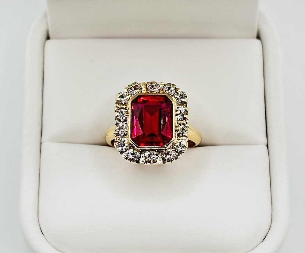 Vintage 3.00ctw Red Spinel & Sapphire Halo 16mm Ring 10k Yellow Gold Size 5.25
