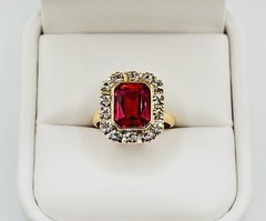 Vintage 3.00ctw Red Spinel & Sapphire Halo 16mm Ring 10k Yellow Gold Size 5.25
