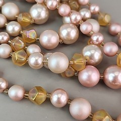 Vintage Faux Pearl Beaded Necklace Cream Pink Acrylic AB Yellow Glass Japan 16″