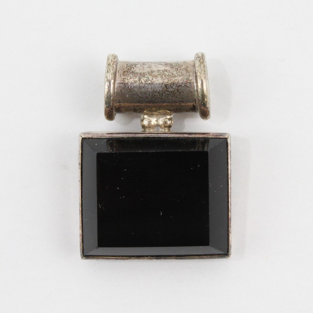 Vintage 925 Sterling Silver TR-195 Black Stone Rectangular Pendant Mexico