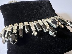 1950s Vintage Crystal & Jet Black Rhinestones Necklace & Dangling Clip Earrings