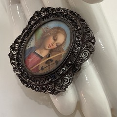 Antique European 800 Silver Filigree Madonna Mini Portrait Brooch Pin Pendant