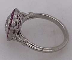 Bezel Set Old European Cut & Pink Baguette Engagement Ring, Edwardian Halo Ring