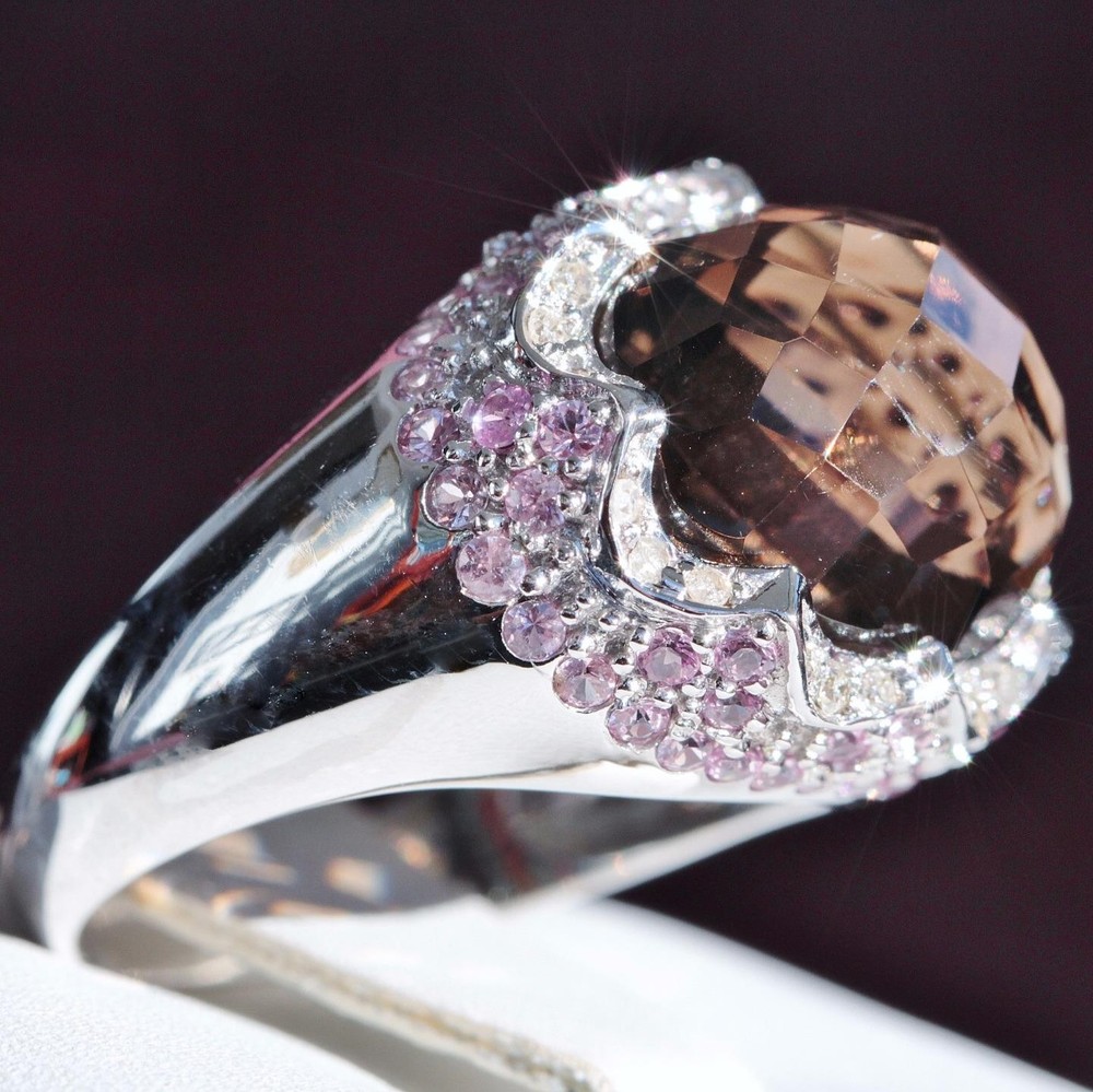 14k white gold sz 6.5 ring 9.02ct fancy smoky quartz pink sapphire diamond 6.2gr