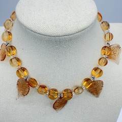 Vtg Art Glass Necklace Amber Citrine Molded Leaves Charm Mellon Beads Read