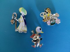 Set of 3 Vintage Brooches of Enamel, Faux Mother of Pearl and Rhinestones