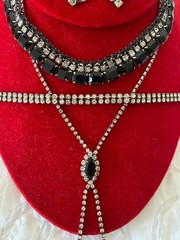 5 pc Vintage Large Black Jet Rhinestone Necklaces, Bracelet, Earrings