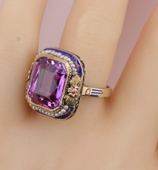 Spectacular Antique 14K Pink Sapphire and Enamel Ring 8.8 Grams Size 7-1/4