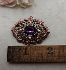 Vintage Victorian Style Oval Rose Seed Bead Purple Gemstone Brooch Rhinestone