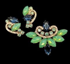 Verified Juliana Green Opal Blue Rhinestone Brooch Clip Earrings Set *Modified*