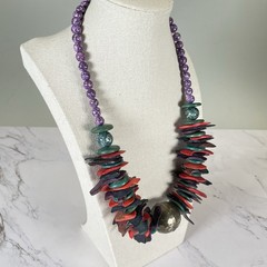 Vtg Bohemian Bright Multicolor Wood Bronze Statement Necklace 21″ Tribal Ethnic