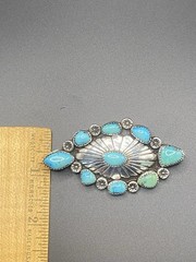 Early 1900’s Navajo Signed Silver Oval Turquoise Cluster Brooch Pin, 2.25 “