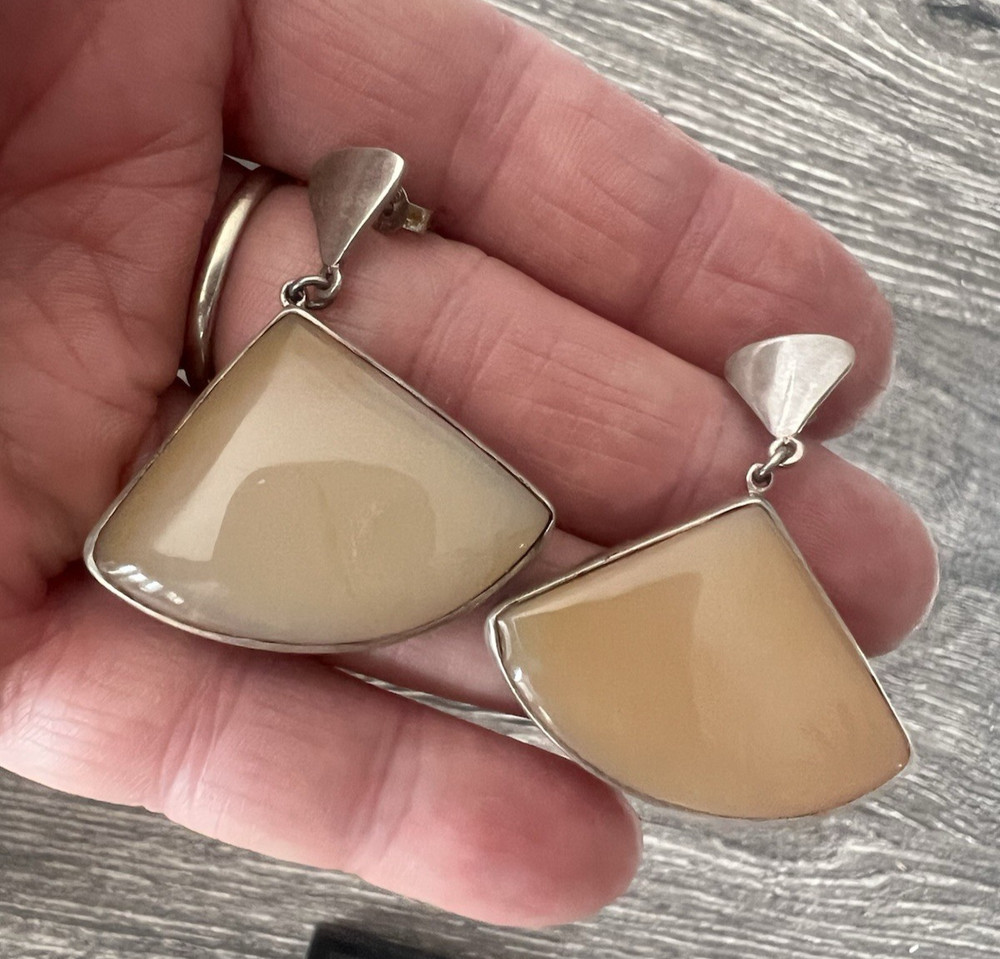 Vintage 950 Sterling Silver Fan Agate Stone Drop Dangle Earrings
