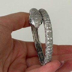 Snake Serpent Bracelet Clear CZ Green Eyed Silver Tone Sparkly Hinged Bangle