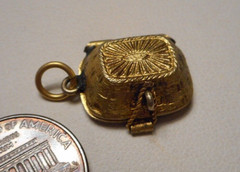 Vintage Enameled Gilt Silver Egyptian Charm Baby Moses in Hinged Basket opens!