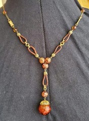 1920s ART DECO ~ LOUIS ROUSSELET Glass & Plaited Leather PENDANT Y NECKLACE