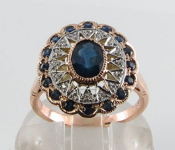 9K 9CT ROSE GOLD BLUE SAPPHIRE DIAMOND COCKTAIL CLUSTER RING FREE RESIZE