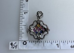 Vintage Rainbow Color Faceted Square Sterling 925 Diamond Shape Pendant Necklace