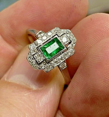 Antique Art Deco Style Emerald & Lab Created Diamond Engagement 925 Silver Ring
