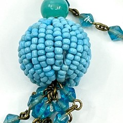 Vintage Y2K Blue & Green Beaded Tassel Necklace Boho Chic Long Lariat Style