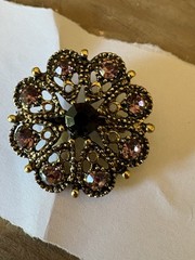 Gold Toned Round Floral Costume Pin/ Brooch Violet & Lavender Rhinestones, 1”
