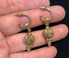 Vintage Ornate Gold Tone Roman Revival Drop Dangle Ball Earrings Pierced Ears