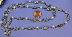 VINTAGE FAUX PEARL AND SILVERTONE FILAGREE CHAIN BEAD NECKLACE 29 IN.