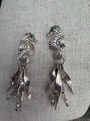 Vintage Seahorse Dangle Earrings Silver Tone Green Eyes 3in Drop Animal