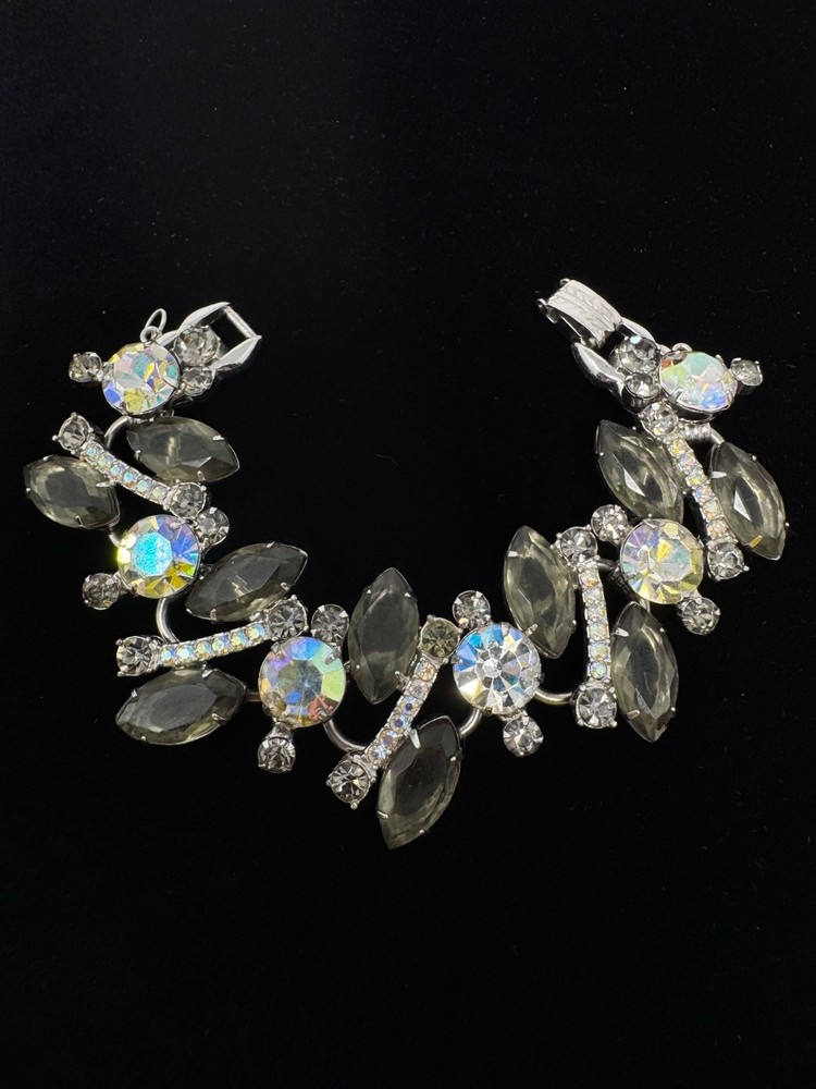 Vtg Juliana D&E Smoky Gray Aurora Borealis AB Rhinestone Silver Tone Bracelet