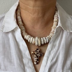 Puka Shell Necklace Vintage 70s w/Hand-Shaped Tiger Cowrie Shell Cross Pendant