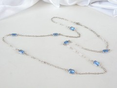 Antique Sterling Silver 925 Blue Gemstone Station Vintage Paperclip Necklace 25″