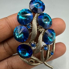 Vintage Watermelon Peacock Rivoli Rhinestone Brooch Silver Tone Blue Statement