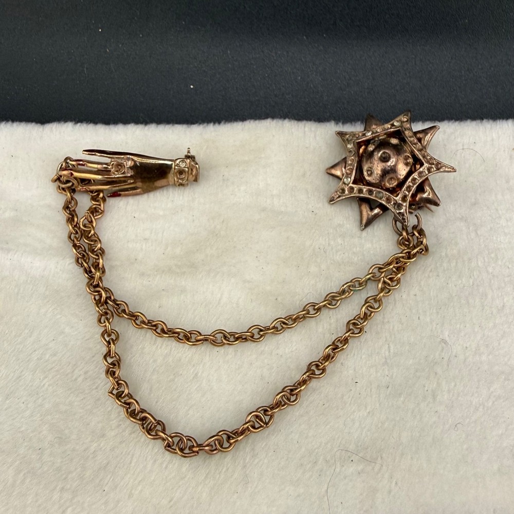 Vintage Victorian Chain Brooch Gold Tone Woman’s Hand Sun READ
