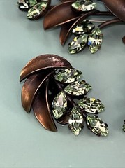 Vtg Austria Brooch Earrings Green Crystals Rhinestones Copper leaves