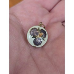 Cloisonne Pansy Pendant Double-Sided .75in Vintage
