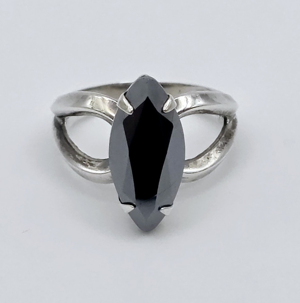 Vintage Sterling Silver Marquise Hematite Ring Size 5.5 Split Shank Navette Goth