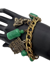 Vintage Gold Tone FOB Bracelet Green Carved Stone Jade‑Style Charms Asian Motif